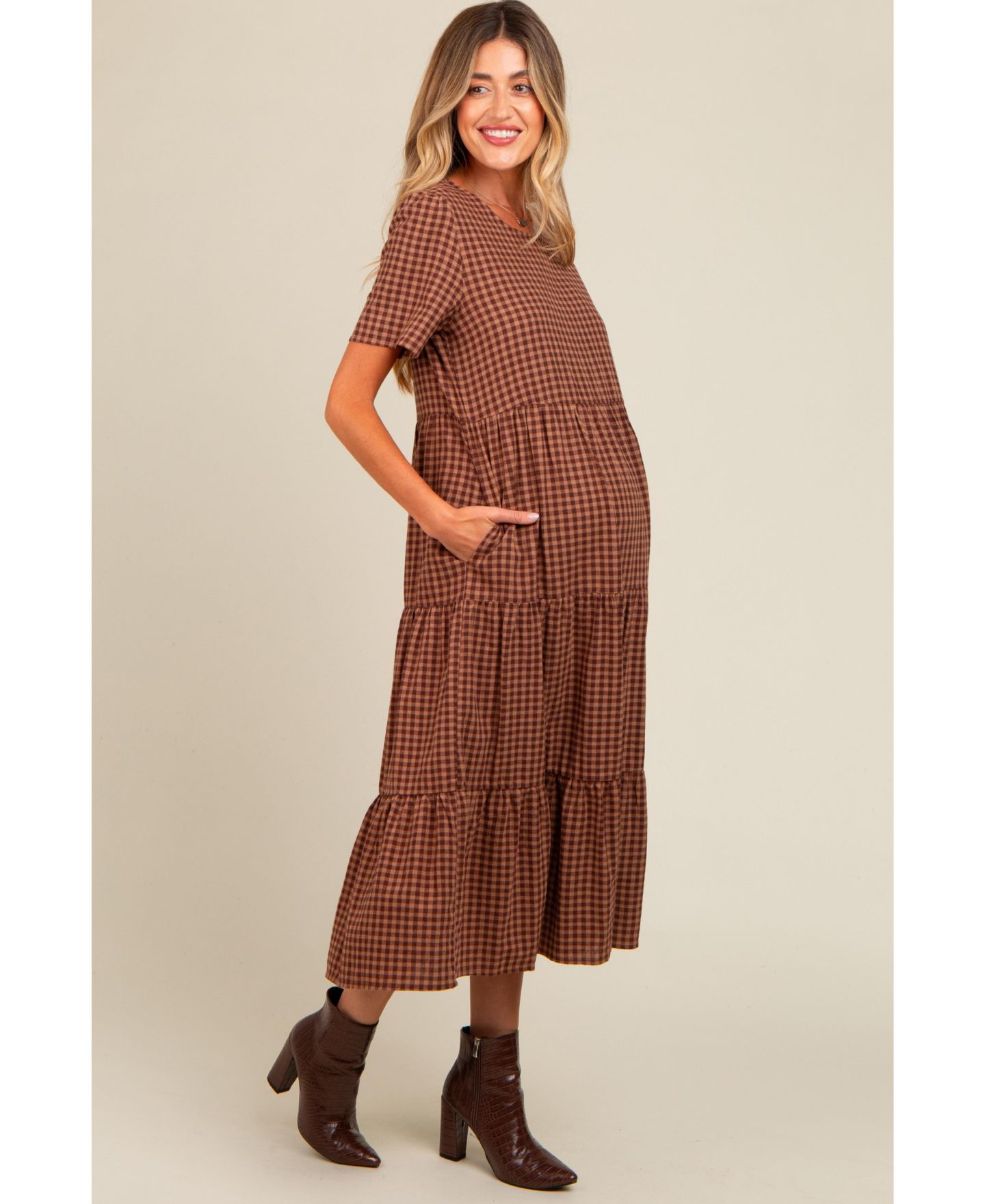 Женское платье Pinkblush Gingham Tiered Midi, цвет: Мокко — фото 4