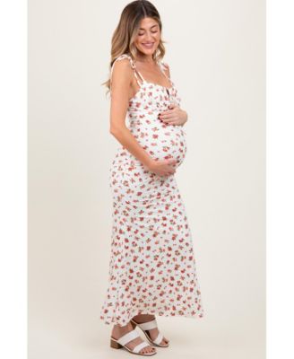 Red Ribbed Floral Shoulder Tie Maternity Maxi Dress