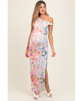 Floral One Shoulder Side Slit Maternity Maxi Dress