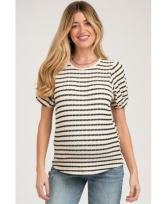 Maternity Light Blue Striped Textured Puff Sleeve Top