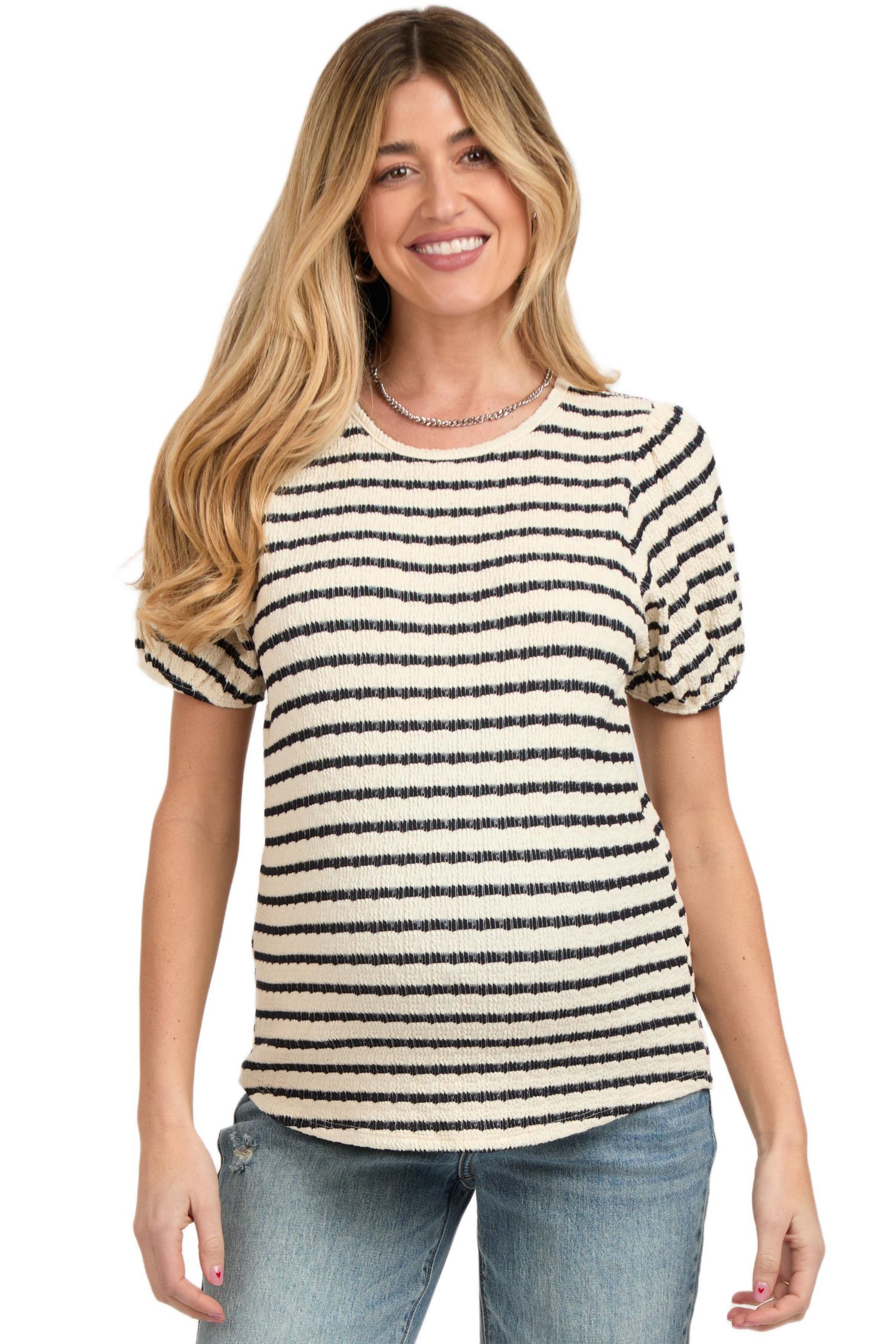 Women's Light Blue Striped Textured Puff Sleeve Top