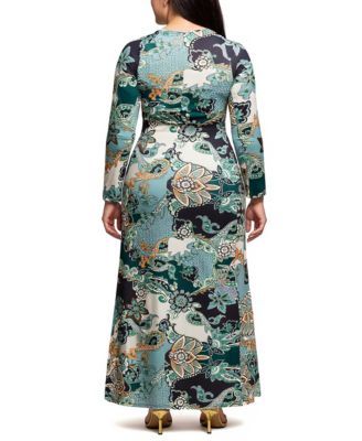 Plus Size Green Paisley Print Long Sleeve Side Slit Maxi Dress