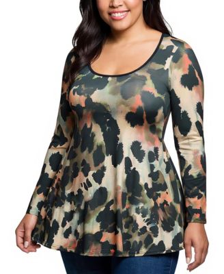 Plus Size Multiprint Long Sleeve Scoop Neck A Line Top