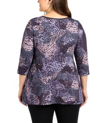 Plus Size Gray Abstract Print V Neck Tunic Top