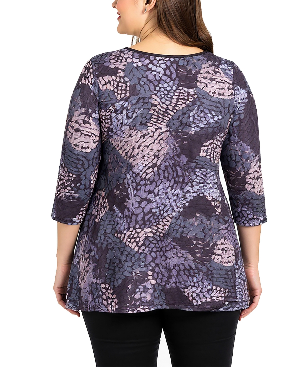 24seven Comfort Apparel Plus Size Gray Abstract Print V Neck Tunic Top In Blue