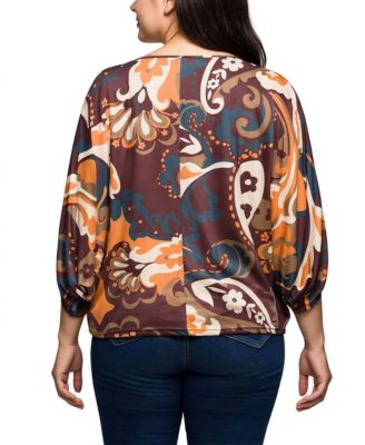 Plus Size Brown Paisley Print Dolman Sleeve Top