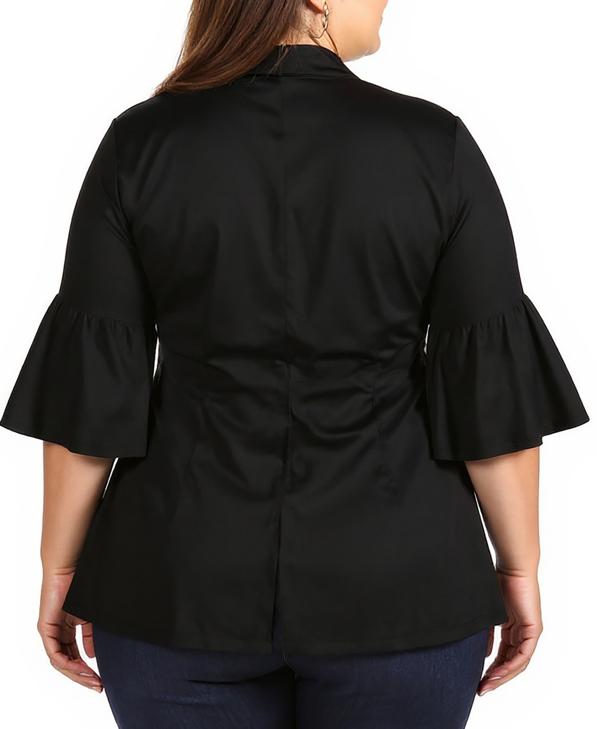 24seven Comfort Apparel Plus Size Tie Front Bell Sleeve Cardigan Jacket In Black
