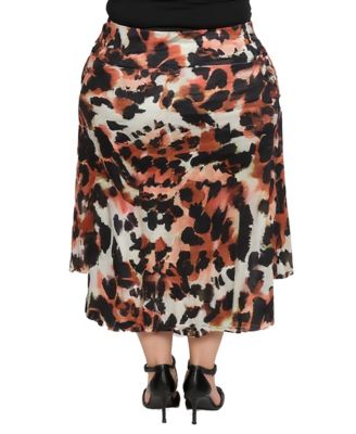 Plus Size Animal Print Elastic Waist Midi Skirts