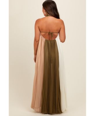 Maternity Olive Colorblock Pleated Halter Neck Maxi Dress