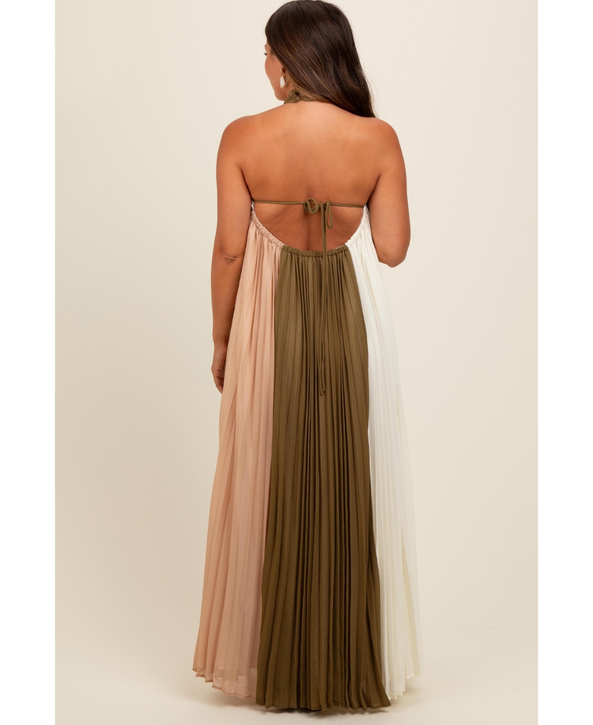 Pinkblush Maternity Olive Colorblock Pleated Halter Neck Maxi Dress