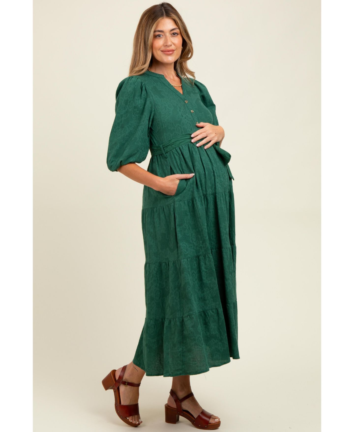 Женское платье Pinkblush Forest Green Floral Jacquard Button Front Tiered, цвет: Тёмно-зелёный — фото 3