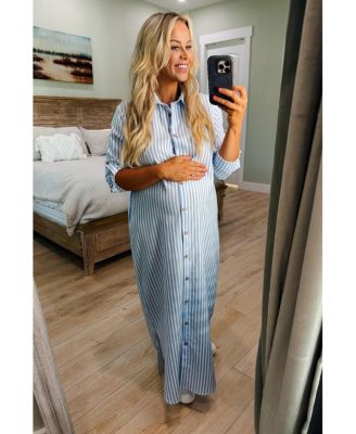 Maternity Light Blue Striped Button Down Maxi Dress
