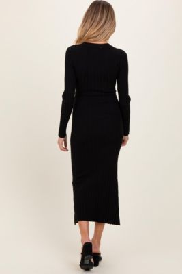 Maternity Black Ribbed Knit Fitted Midi Sweater Dress