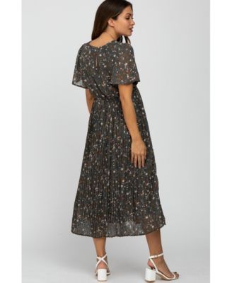 Maternity Black Floral Pleated Short Sleeve Chiffon Midi Dress
