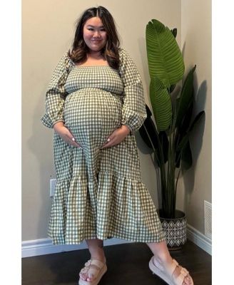 Maternity Rust Gingham Long Sleeve Midi Dress