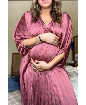 Maternity Forest Green Satin Pleated V-Neck Maxi Dress