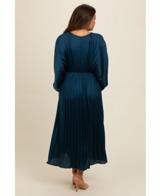 Maternity Forest Green Satin Pleated V-Neck Maxi Dress