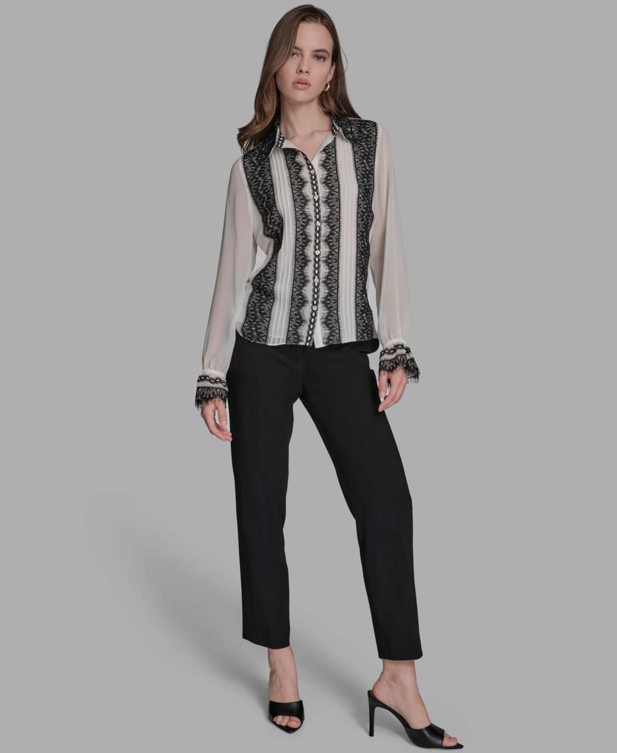 Bcbg Women's Long Sleeve Contrast Lace Top In Multi