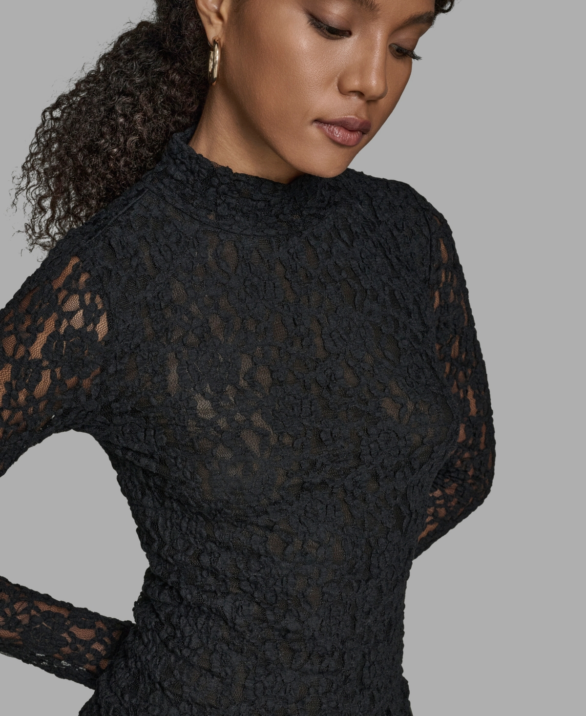 Bcbg Women's Lace Mock Neck Long Sleeve Top In Black