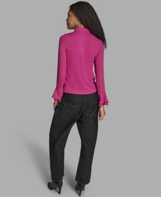 Women's Long Sleeve Ruffle-Cuff Collared Top