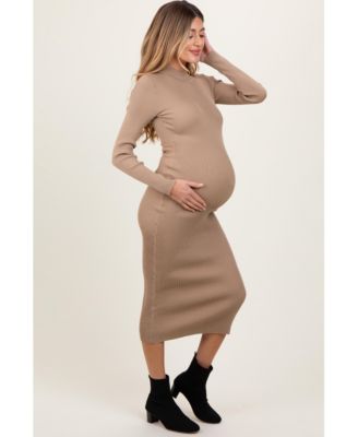 Maternity Light Taupe Mock Neck Fitted Ribbed Knit Midi Dress
