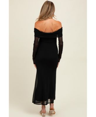 Maternity Black Mesh Overlay Off Shoulder Long Sleeve Midi Dress