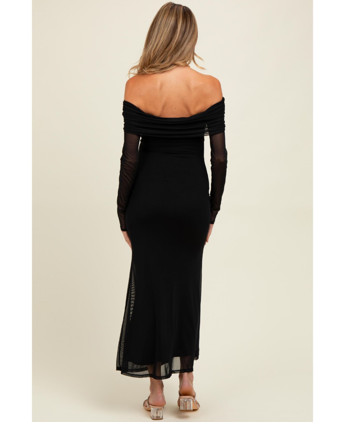 Женское платье Pinkblush Black Mesh Overlay Off Shoulder Long Sleeve Midi, цвет: Чёрный — фото 4