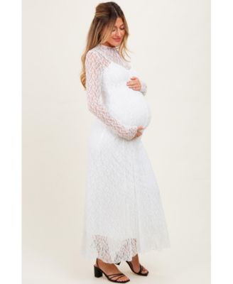 Maternity White Lace Mock Neck Long Sleeve Maxi Dress