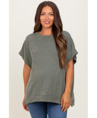 Maternity Olive Solid Ribbed Short Sleeve Oversized Tunic Top