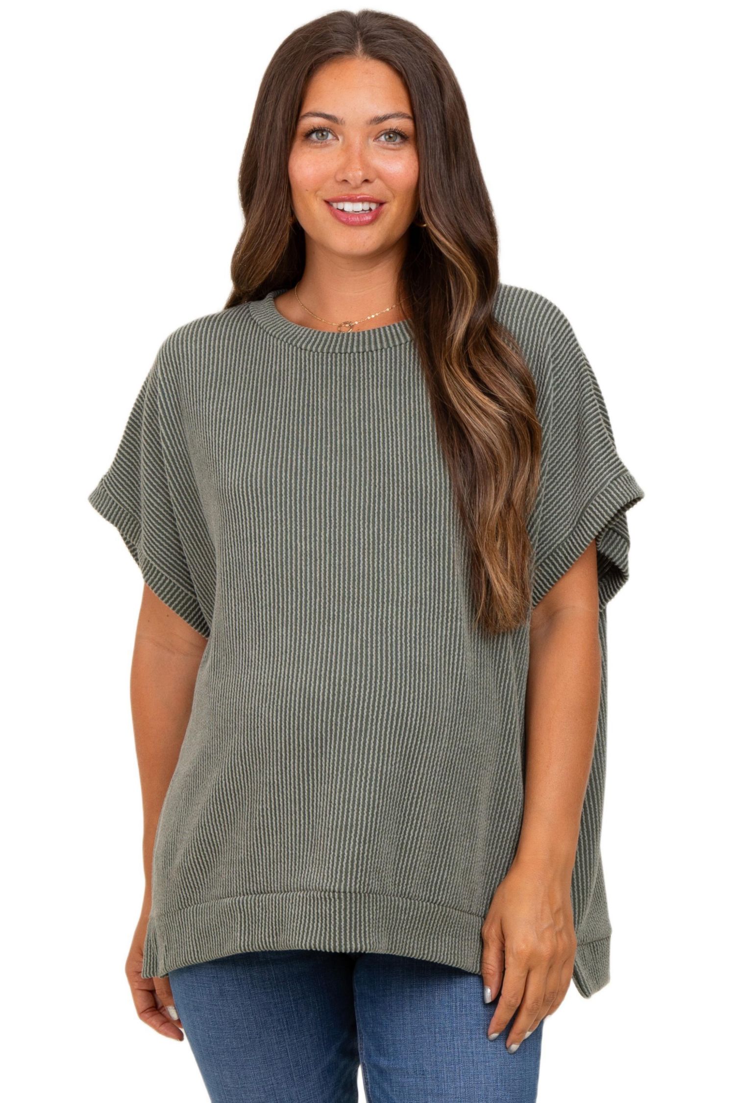 Women's Mocha Solid Ribbed Short Sleeve Oversized Tunic Top