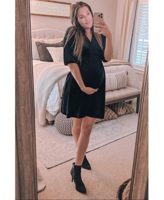 Maternity Green Velvet Wrap Front Babydoll Dress