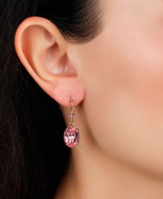 Gold Tone Pink Oval Crystal Earrings