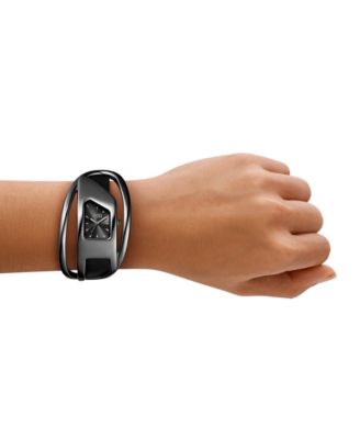 Women's Wrap-D Quartz Three-Hand Black Leather Watch, 44mm