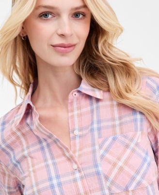 Women's Cotton Crinkle Plaid Roll-Tab Shirt