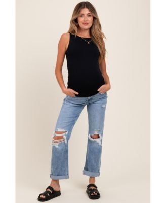 Maternity Light Blue Ripped Knee Rolled Cuff Straight Leg Jeans