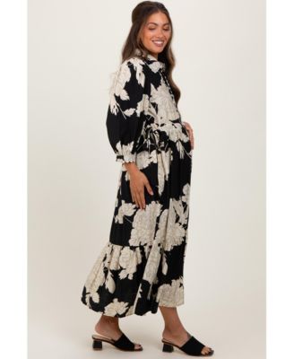 Maternity Black Floral Print Cinched Tie Waist Shirt Dress