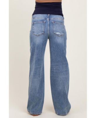 Maternity Blue Distressed Vintage Wash Wide Leg Jeans