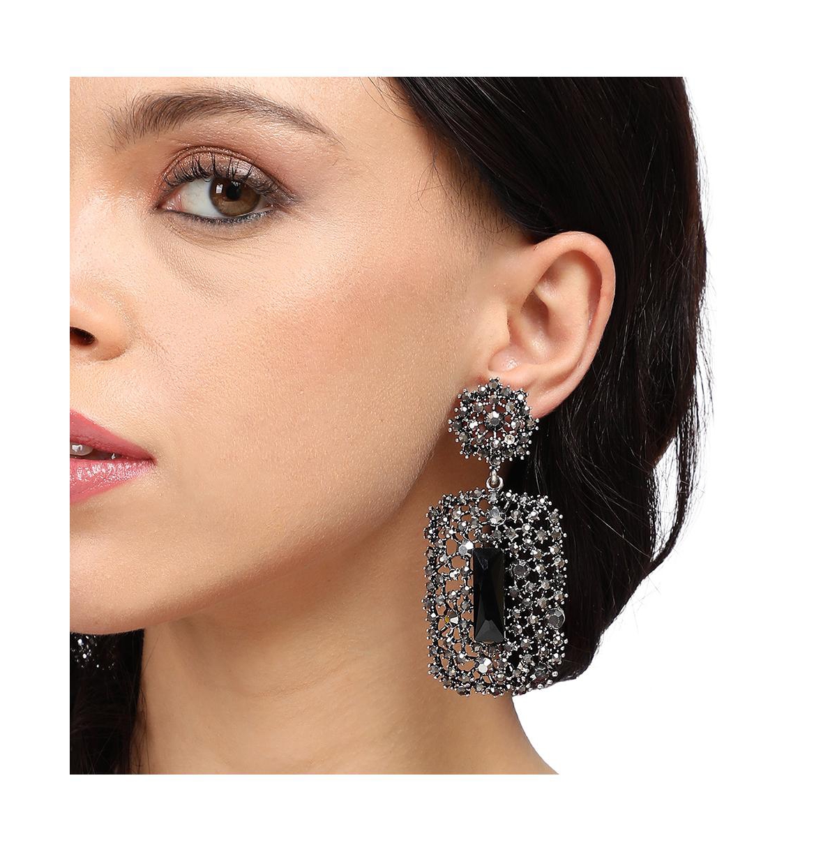 Sohi Stone Intricate Cluster Geometric Drop Earrings In Black