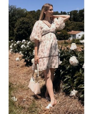 Maternity Cream Floral Deep V-Neck Back Cutout Dress