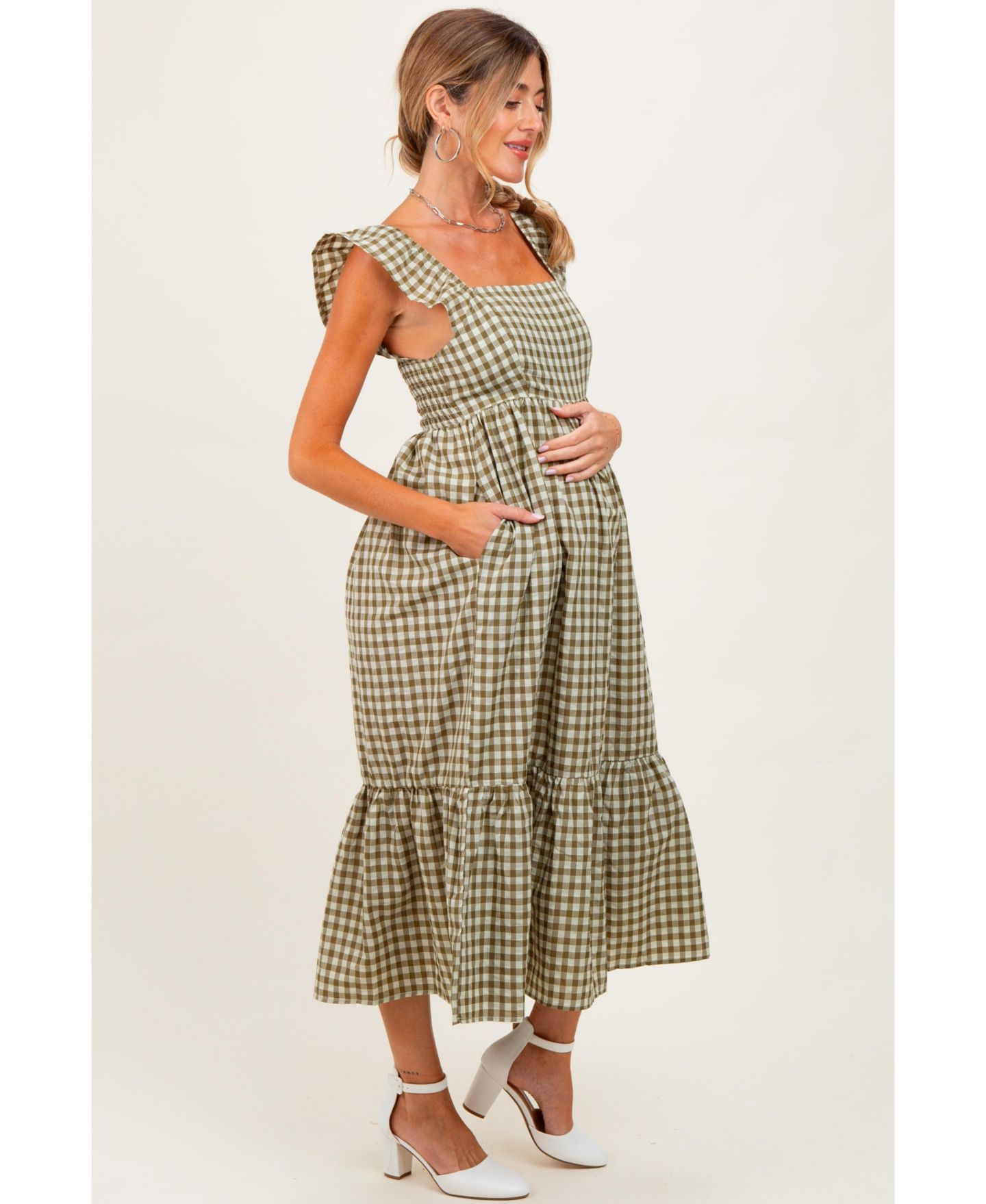 Женское платье Pinkblush Olive Gingham Ruffle Strap Midi, цвет: Оливковый зелёный — фото 2