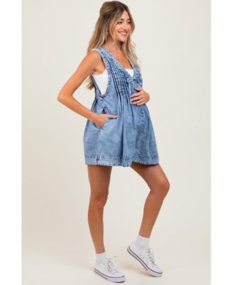 Blue Deep V-Neck Pleated Front Tie Sleeveless Maternity Romper