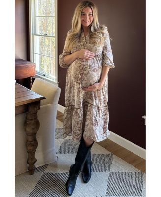 Maternity Brown Printed Split Ruffle Collar Midi Dress
