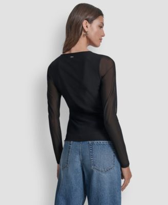 Women's Dome Studs Mesh Long Sleeve Slim Fit Top