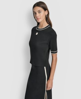 Women's Cropped Color Block Elbow Sleeve Sweater