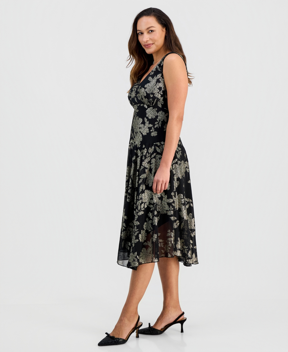 Connected Petite Metallic Floral Print Asymmetric Midi Dress