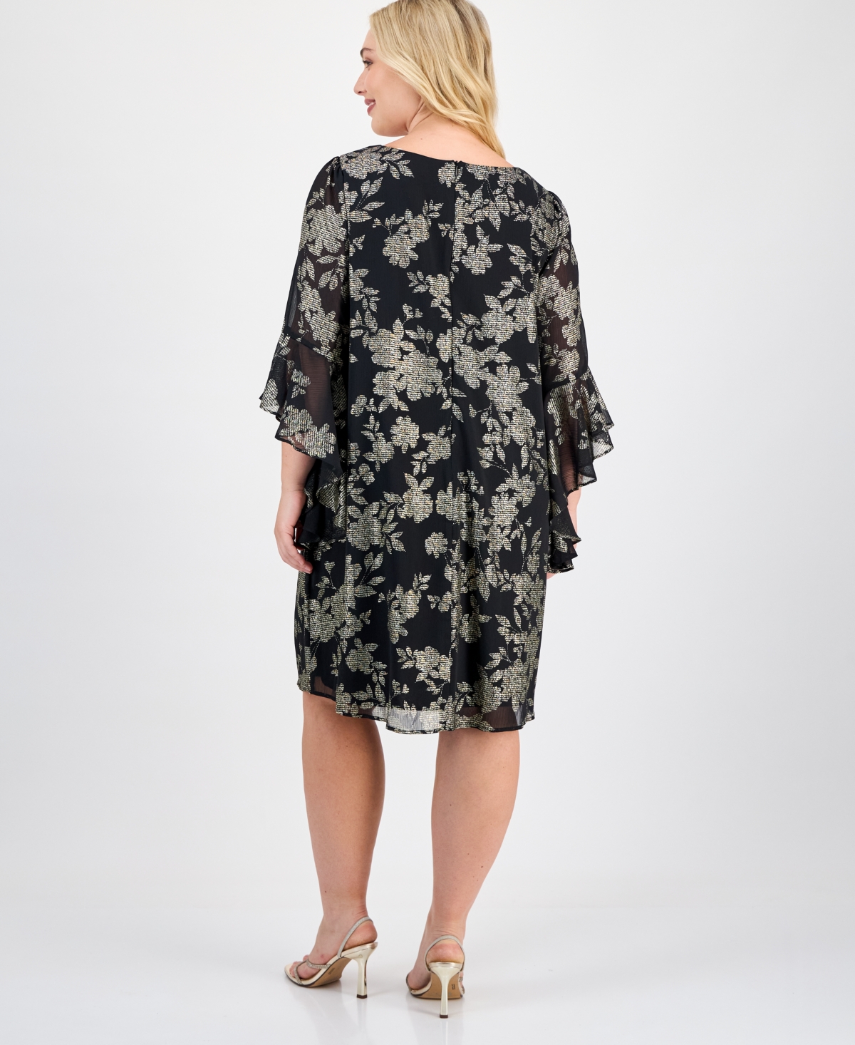 Connected Plus Ruffled-Cuff 3/4-Sleeve Dress