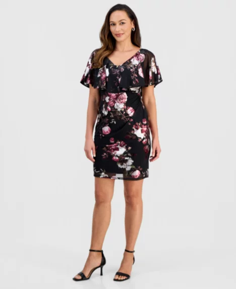 Petite Floral Print Capelet Sheath Dress - Rwd