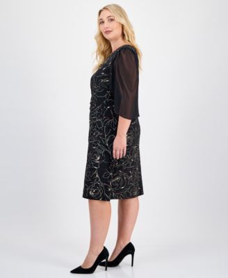 Plus Size Sheer-Sleeve Printed Side-Tab Dress