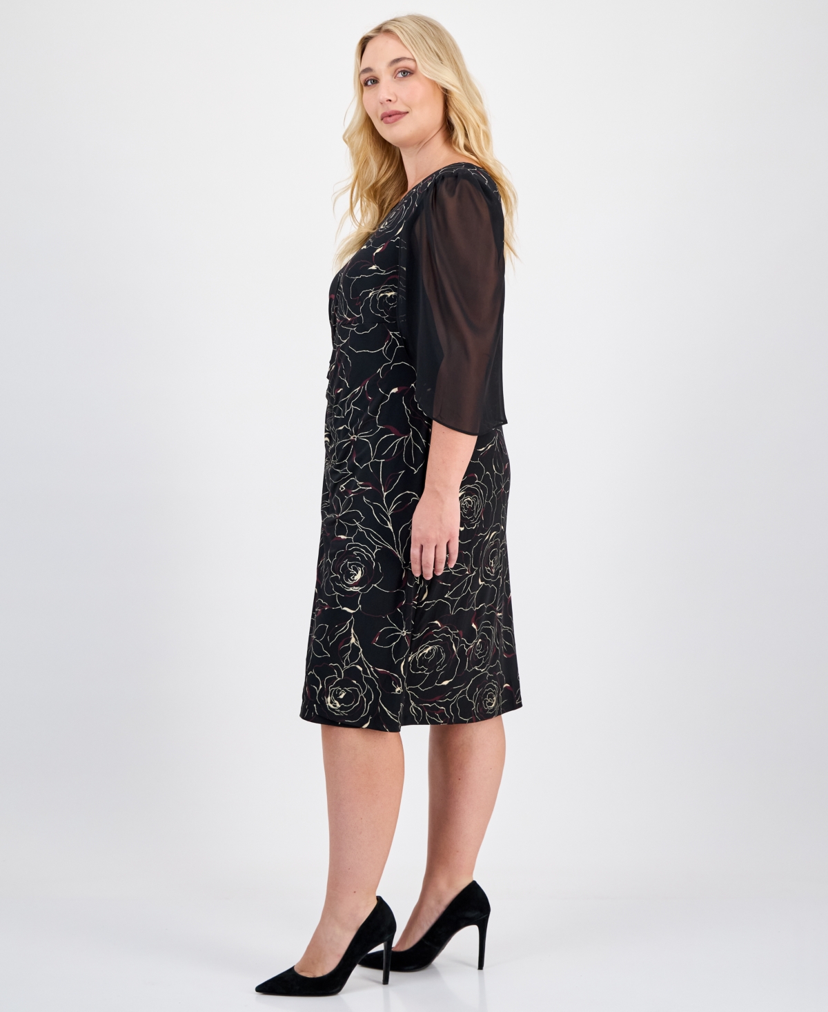 Connected Plus Sheer-Sleeve Printed Side-Tab Dress