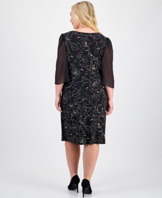 Plus Size Sheer-Sleeve Printed Side-Tab Dress
